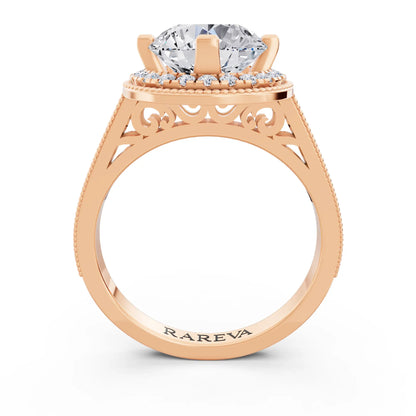 18 KT Rose Gold Round Cut Diamond Vintage Halo Ring with Milgrain Band - Through