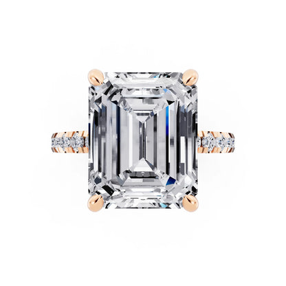 14 KT Rose Gold Emerald Cut Diamond Hidden Halo Tiger Prong Pave Band Ring - top angle