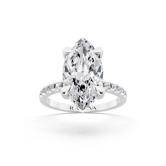 18 KT White Gold Marquise Cut Diamond Solitaire Ring with Round Pavé Band and Prong Setting - front view
