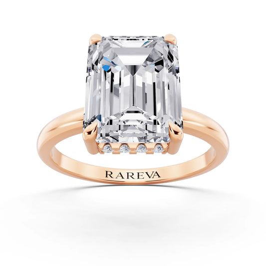 18 KT Rose Gold Emerald Cut Diamond Solitaire Ring with Hidden Halo - front view
