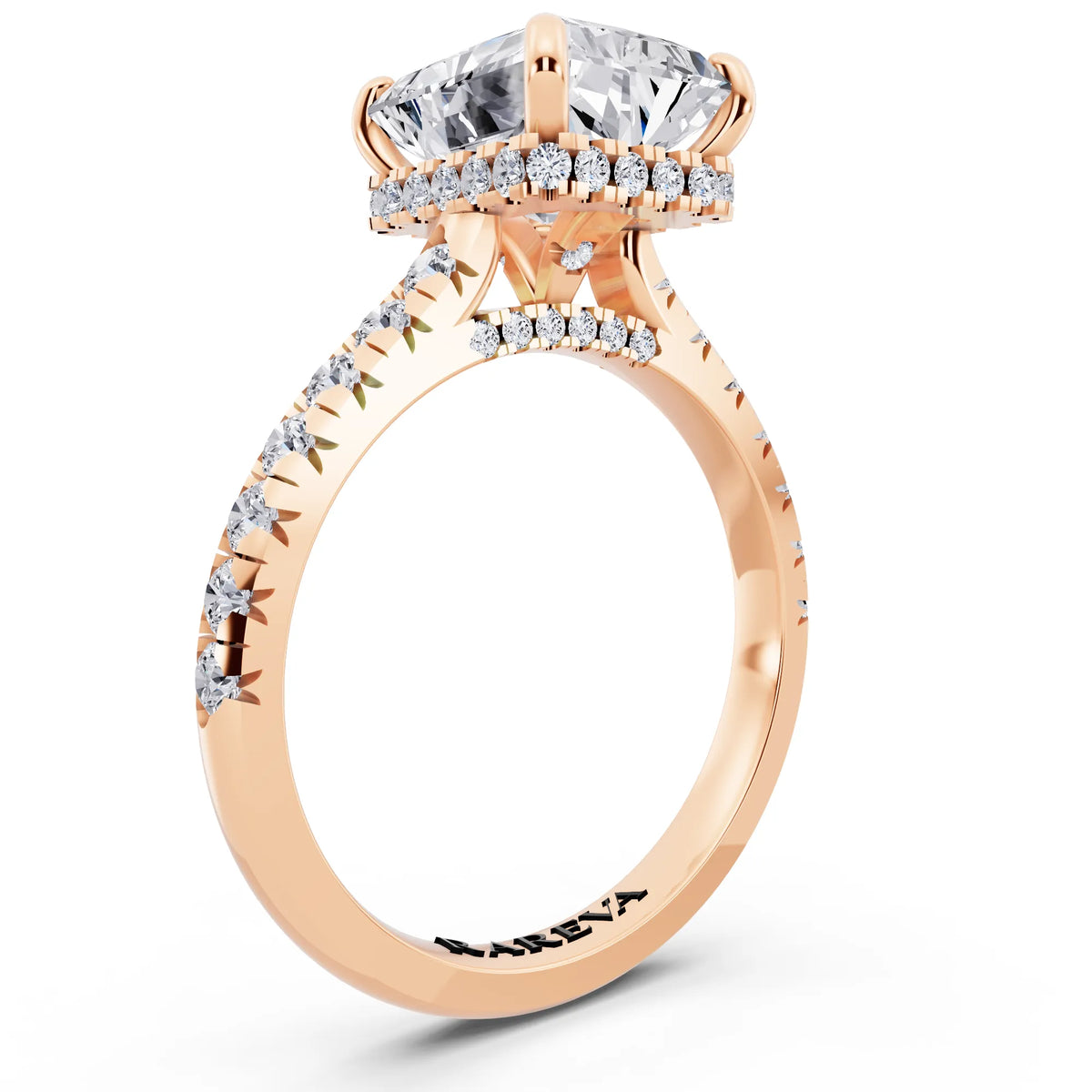 18 KT Rose Gold Radiant Cut Diamond Ring with Hidden Halo - top view