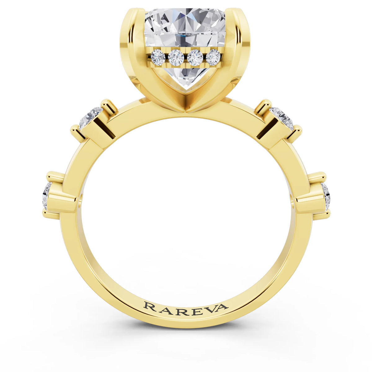 18 KT Yellow Gold Round Cut Diamond Solitaire Ring with Floating Diamond Accents - through finger