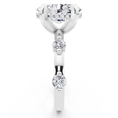 14 KT White Gold Oval Cut Diamond Solitaire Ring with Floating Diamond Accents - side view
