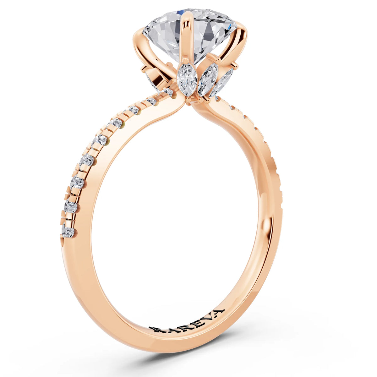 18 KT Rose Gold Oval Cut Diamond Solitaire Ring with Marquise Collar - top view