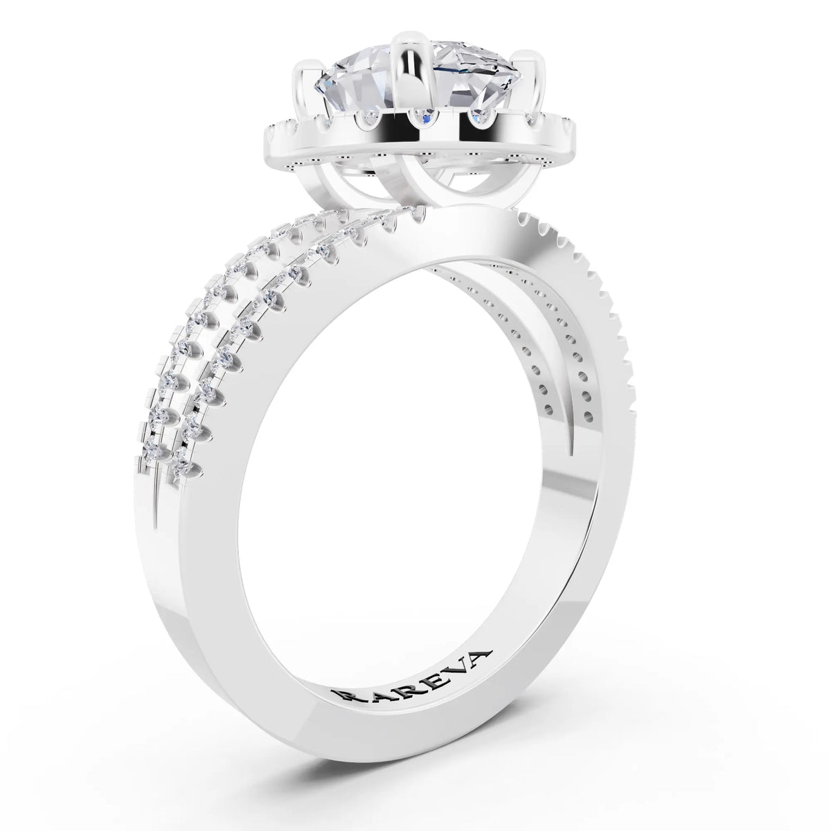 Platinum Oval Cut Diamond Halo Ring with Pave Split Shank - top view