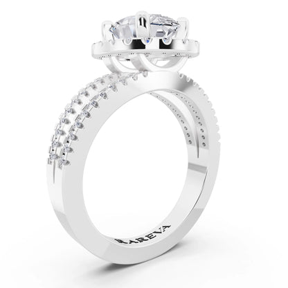 Platinum Oval Cut Diamond Halo Ring with Pave Split Shank - top view