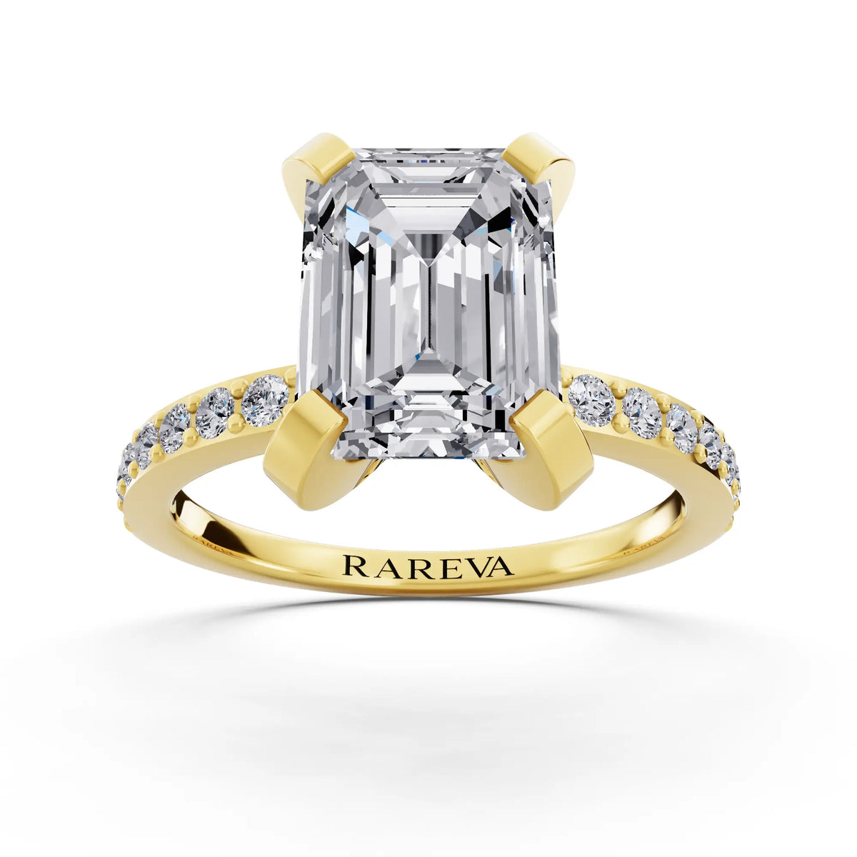 18 KT Yellow Gold Emerald Cut Diamond Solitaire Ring with Pave Shank - front view