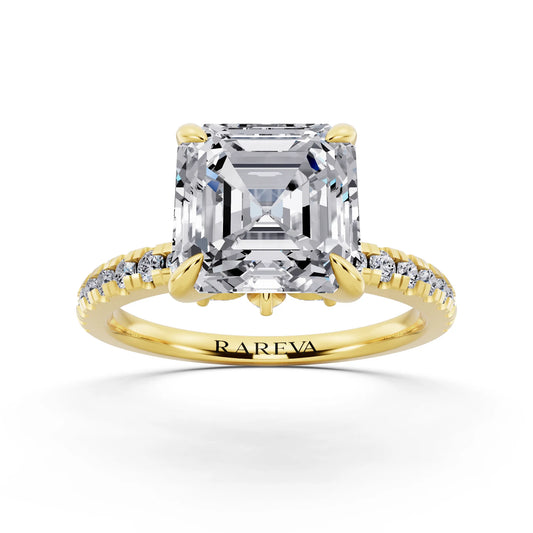 18 KT Yellow Gold Asscher Cut Diamond Solitaire Ring with Marquise Collar - front view