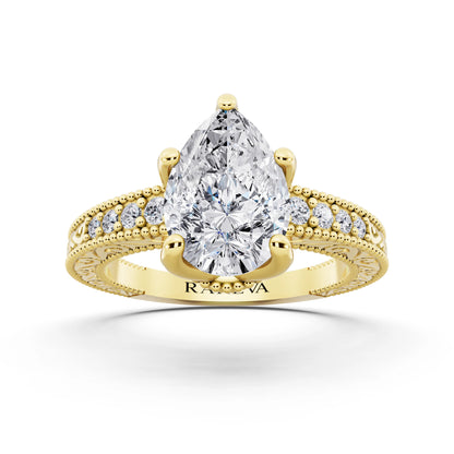 14 KT Yellow Gold Pear Cut Diamond Vintage - front view