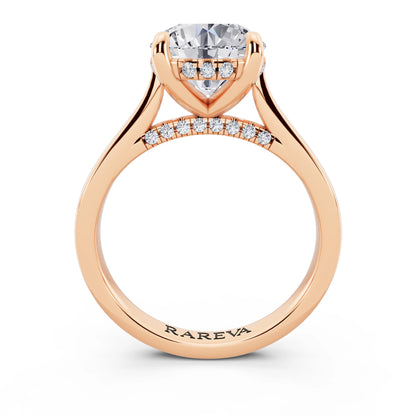 18 KT Rose Gold Round Cut Diamond Solitaire Ring with Cathedral Band - through finger