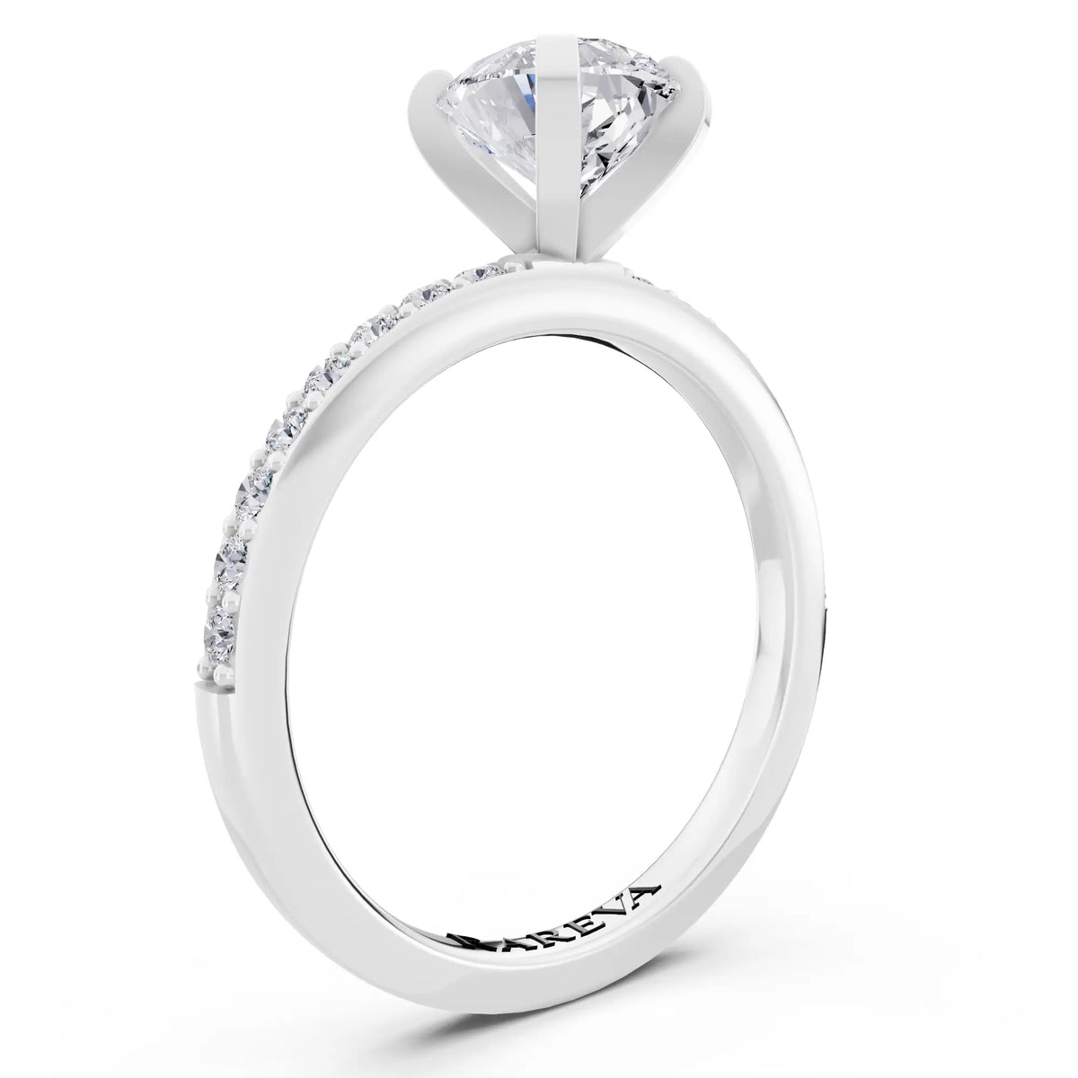 18 KT White Gold Pear Cut Diamond Solitaire Ring with Pave Shank - top view