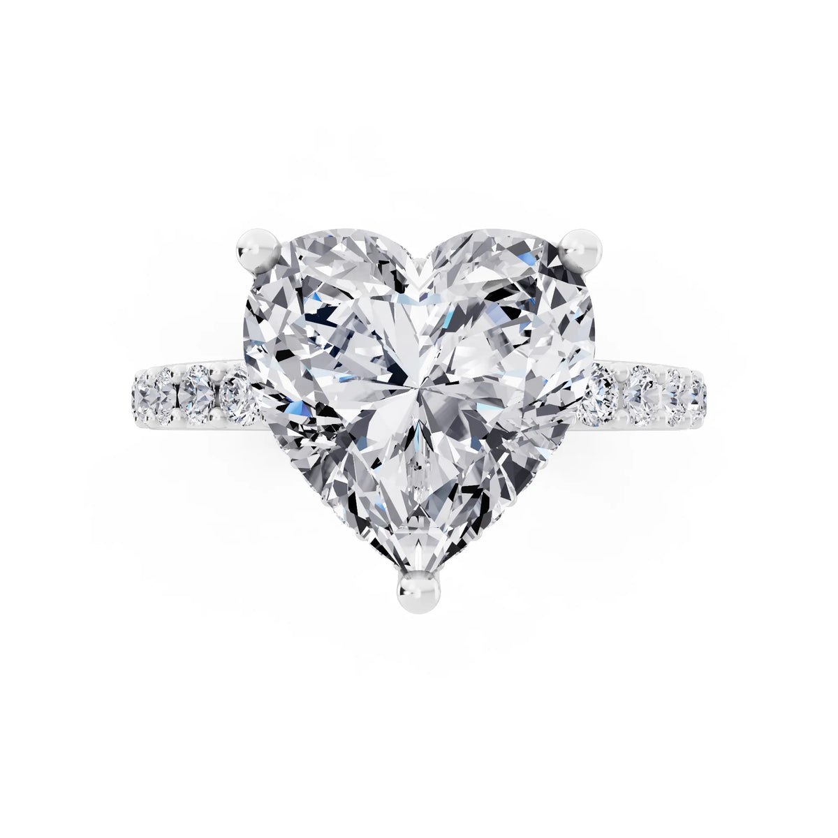 18 KT White Gold Heart Cut Diamond Solitaire Ring with Hidden Halo and Pave Band - top angle