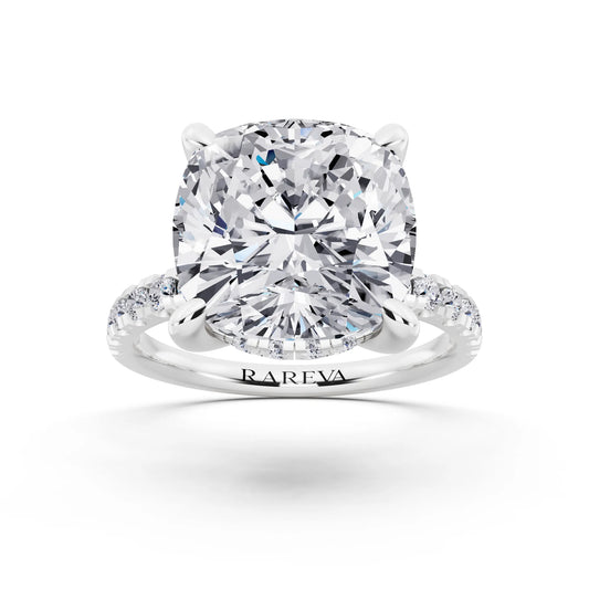 Platinum Cushion Cut Diamond Hidden Halo Tiger Prong Pave Band Ring - front view