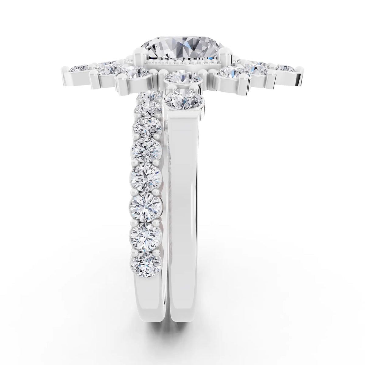 14 KT White Gold Round Cut Diamond Starburst Halo Ring - Side view