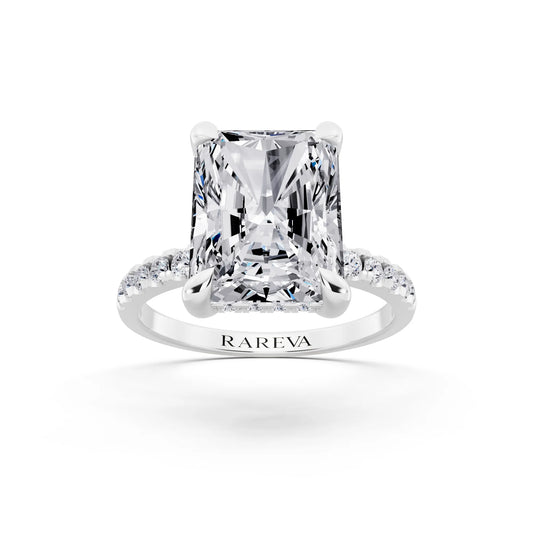 14 KT White Gold Radiant Cut Diamond Solitaire Ring with Round Pavé Band and Prong Setting - front view