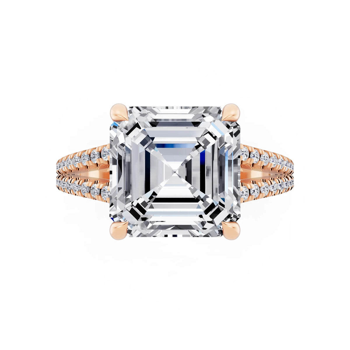18 KT Rose Gold Asscher Cut Diamond Ring with Pavé Split Shank - top angle
