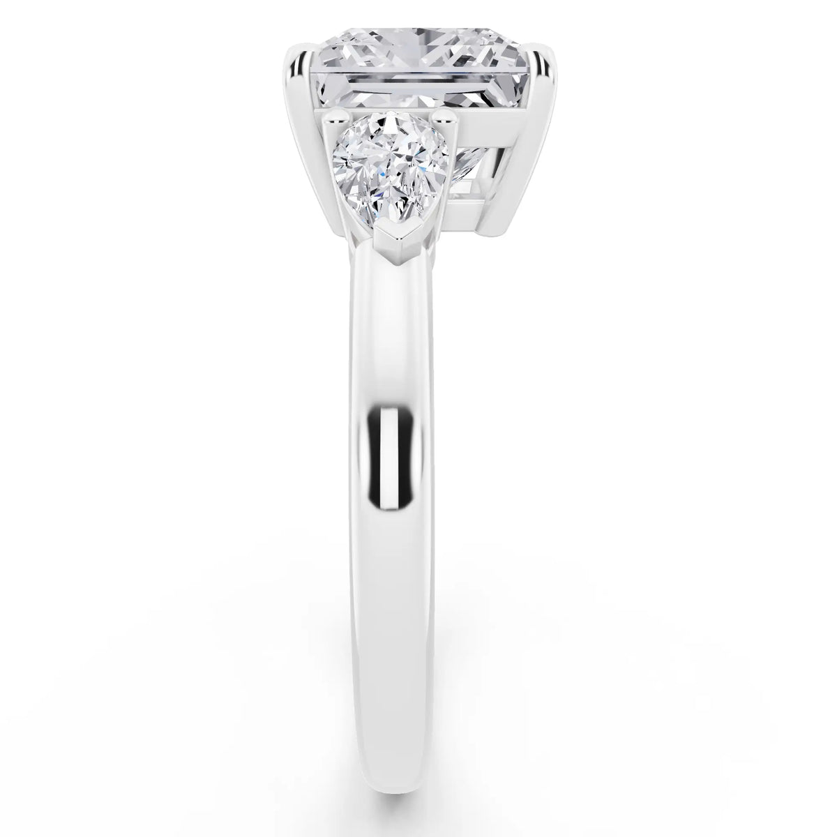 18 KT White Gold Princess Cut Diamond Three Stone Pear Accent Ring - side view