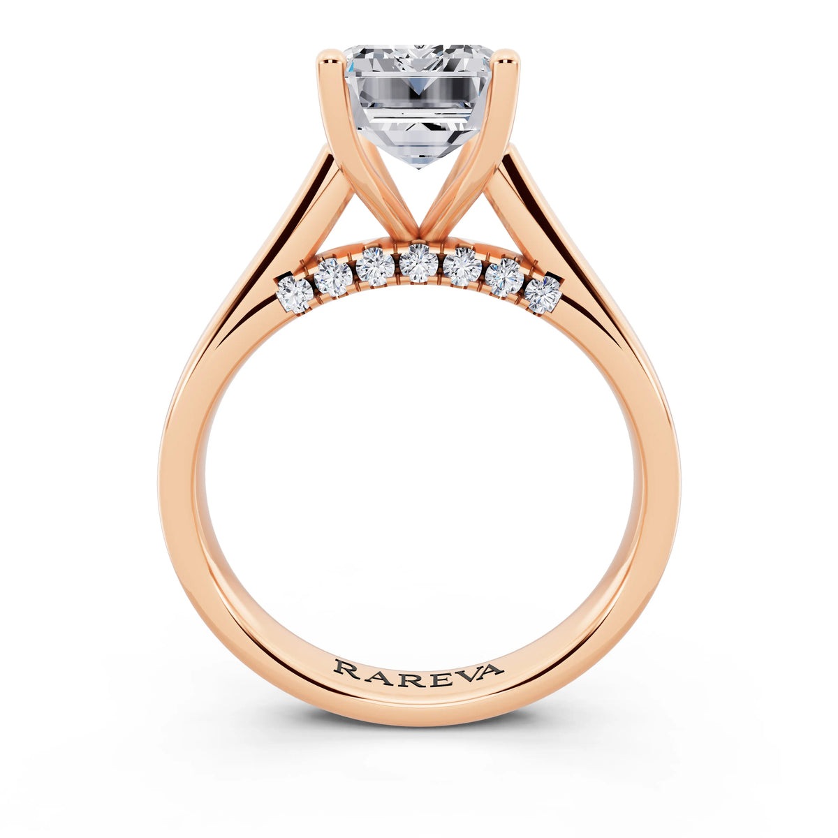 18 KT Rose Gold Emerald Cut Diamond Solitaire Ring with Hidden Accent - through finger