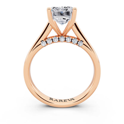 18 KT Rose Gold Emerald Cut Diamond Solitaire Ring with Hidden Accent - through finger