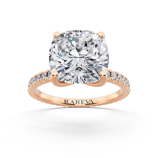 18 KT Rose Gold Cushion Cut Diamond Solitaire Ring with Pave Eternity Band - front view