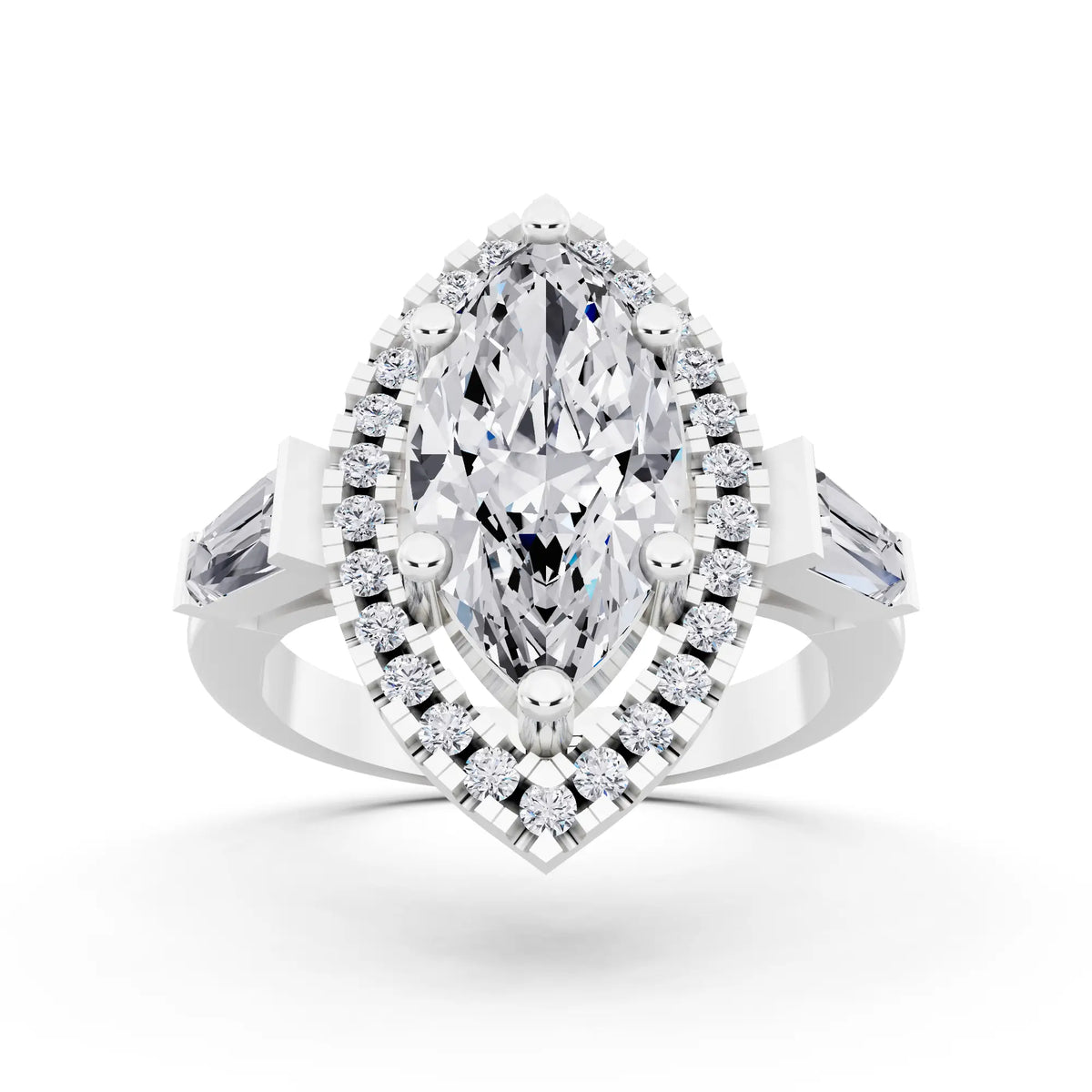 14 KT White Gold Marquise Cut Diamond Halo Ring with Baguette Accents - front view