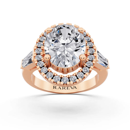 18 KT Rose Gold Oval Cut Diamond Halo Ring with Baguette Accents - front view