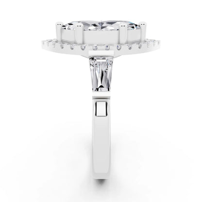 Platinum Marquise Cut Diamond Halo Ring with Baguette Accents - side view