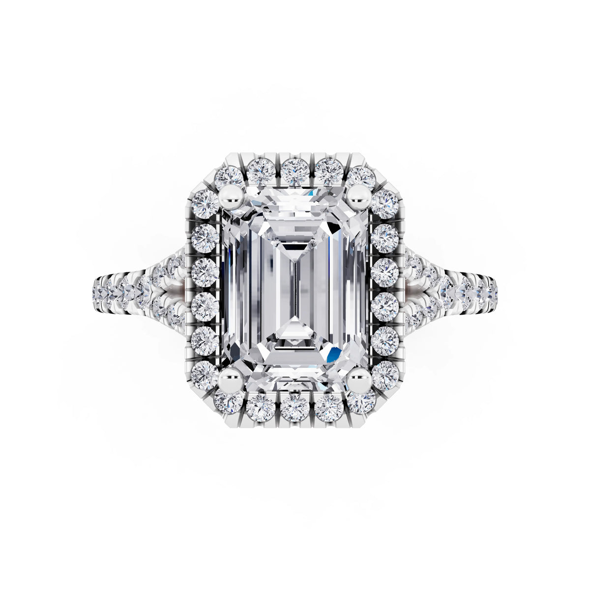 14 KT White Gold Emerald Cut Diamond Halo Ring with Split Shank - top angle