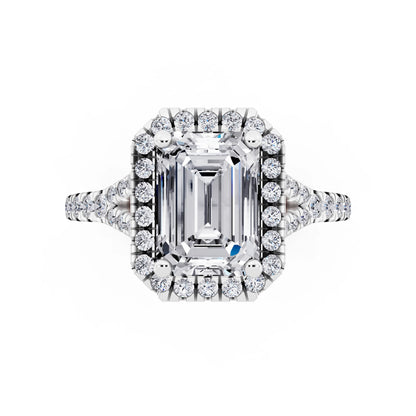 14 KT White Gold Emerald Cut Diamond Halo Ring with Split Shank - top angle