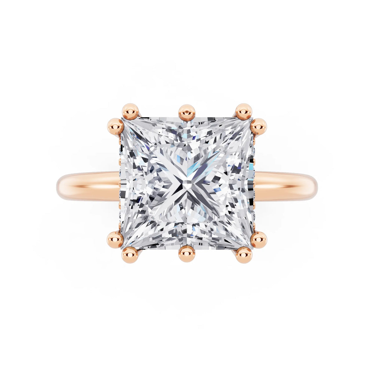 14 KT Rose Gold Princess Cut Diamond Solitaire Ring with Hidden Accent Basket - top angle
