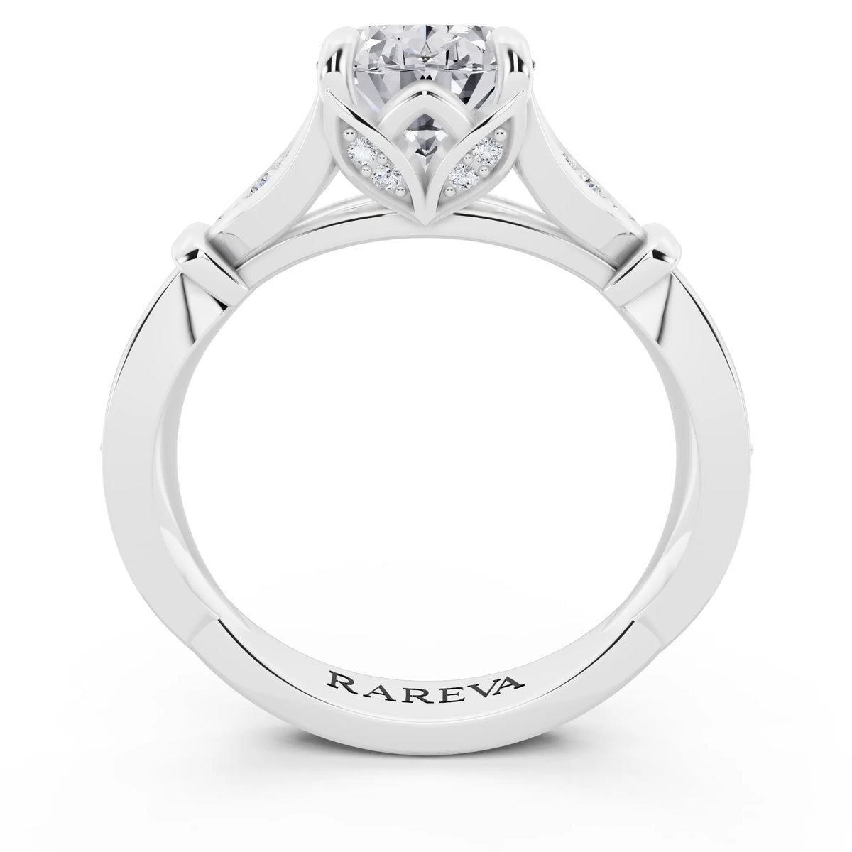 Platinum Oval Cut Diamond Ring with Lotus Collar - through finger
