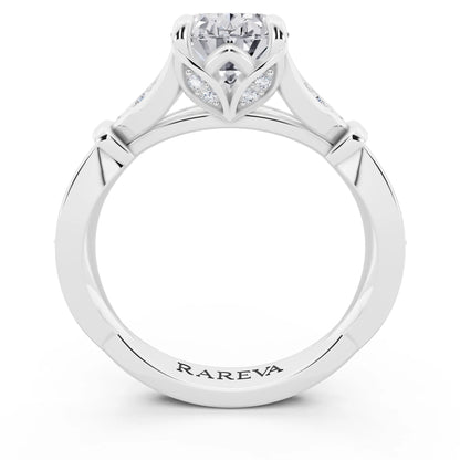 Platinum Oval Cut Diamond Ring with Lotus Collar - through finger