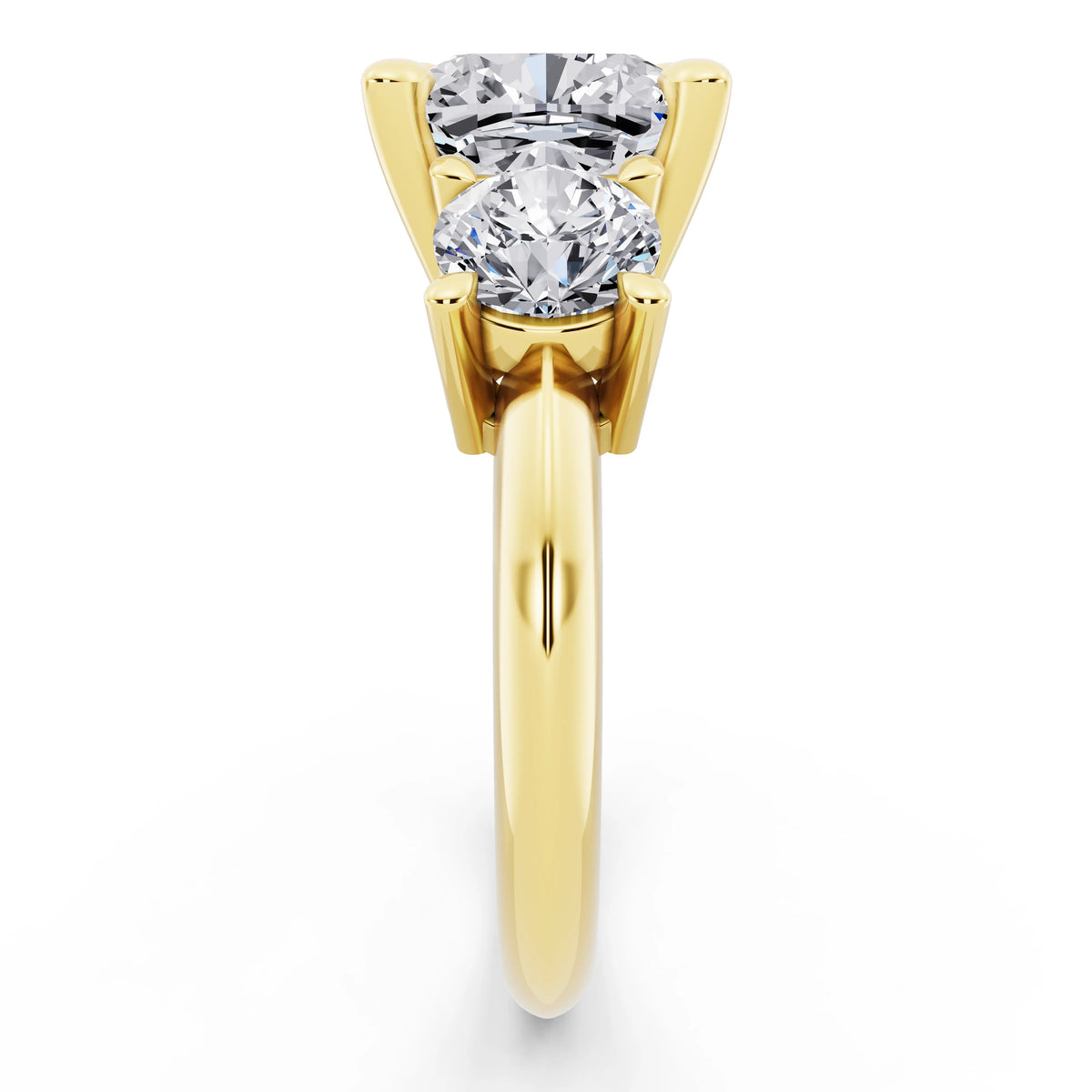 14 KT Yellow Gold Cushion Cut Diamond Three Stone Ring with Round Accents - side view