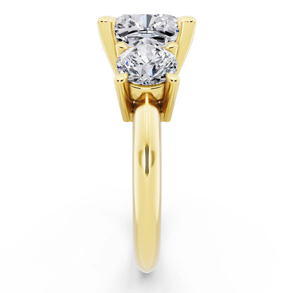 14 KT Yellow Gold Cushion Cut Diamond Three Stone Ring with Round Accents - side view