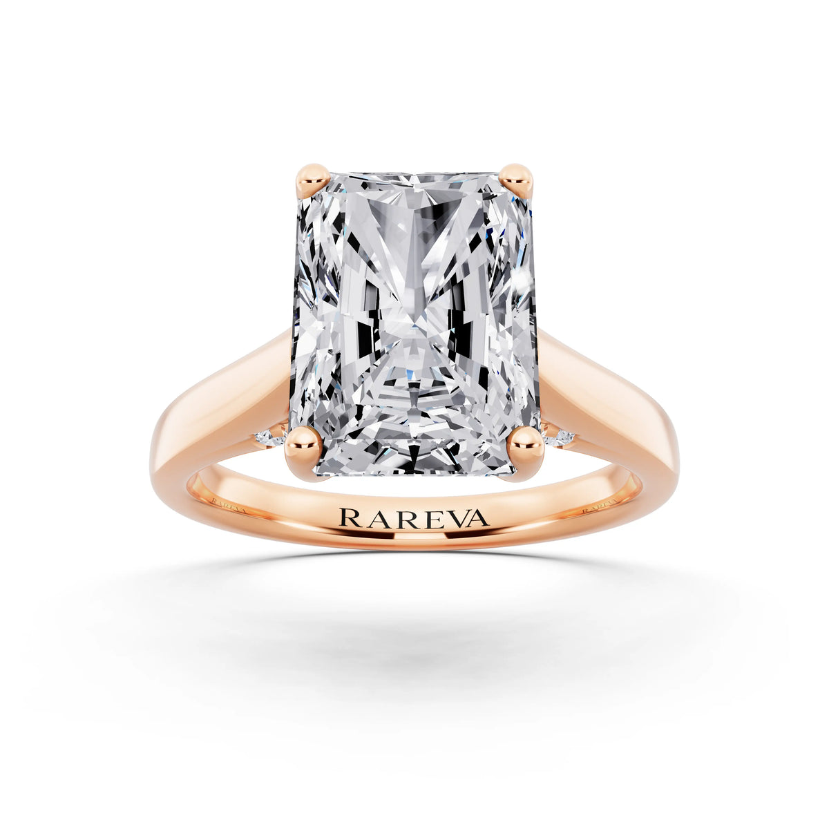 18 KT Rose Gold Radiant Cut Diamond Solitaire Ring with Hidden Accent - front view