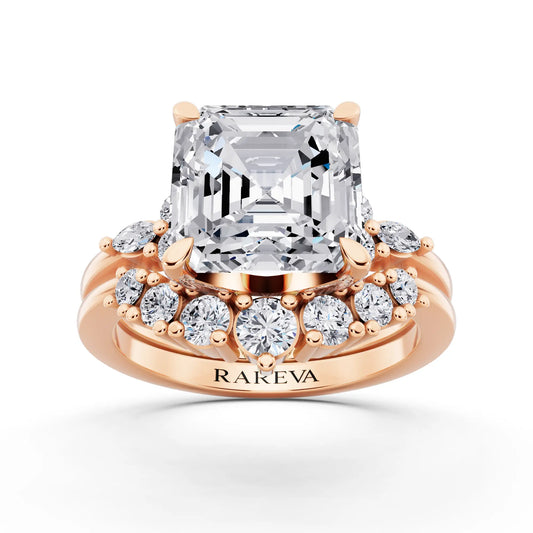 14 KT Rose Gold Asscher Cut Diamond Ring with Curved Cluster Band - front view