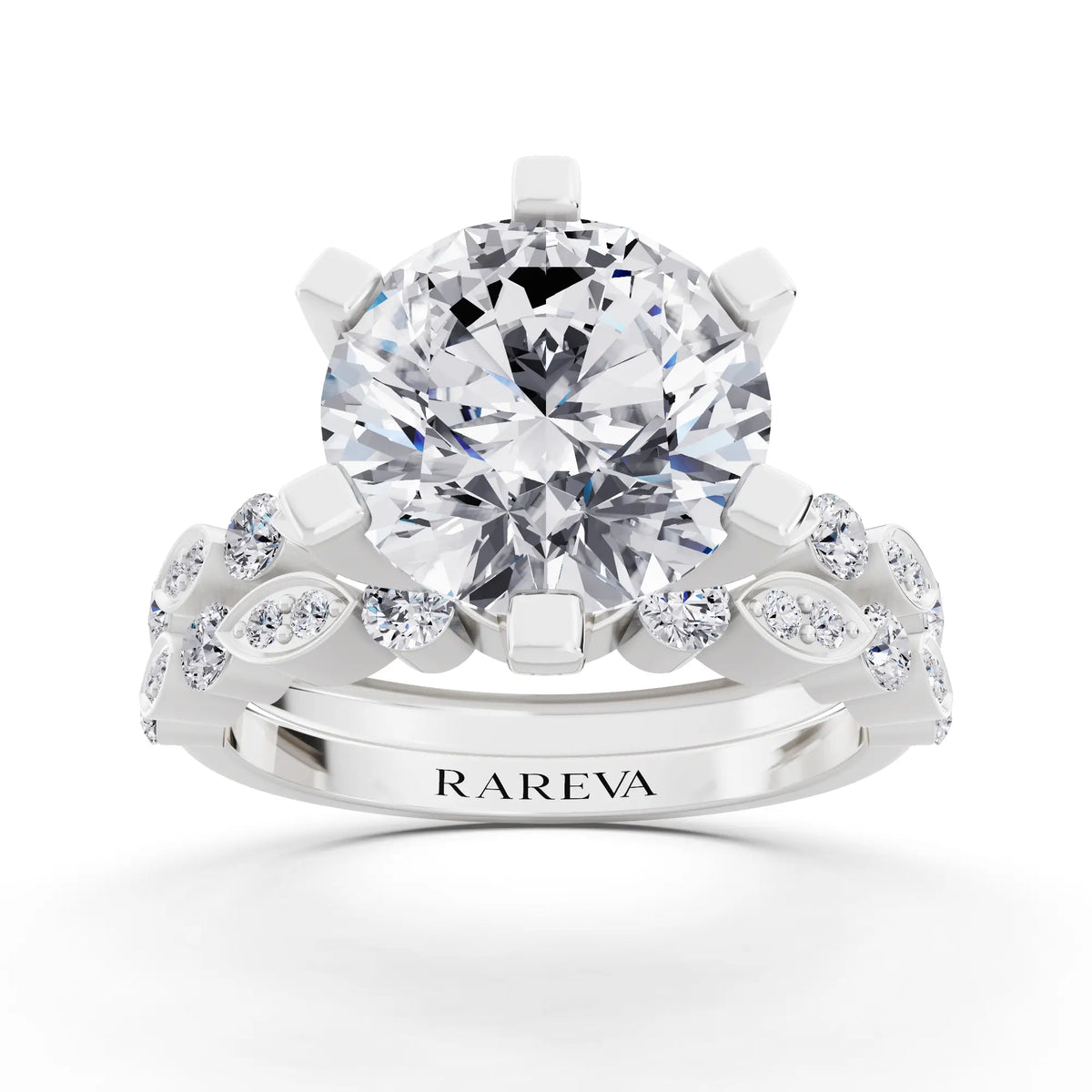 Platinum Round Cut Diamond Solitaire Ring with Marquise Motif Band - Front