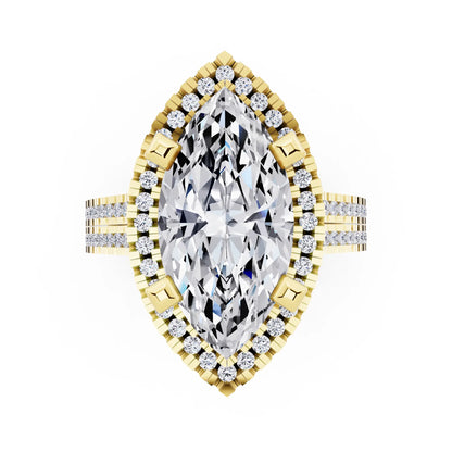 14 KT Yellow Gold Marquise Cut Diamond Halo Ring with Twin Pave Band - top angle