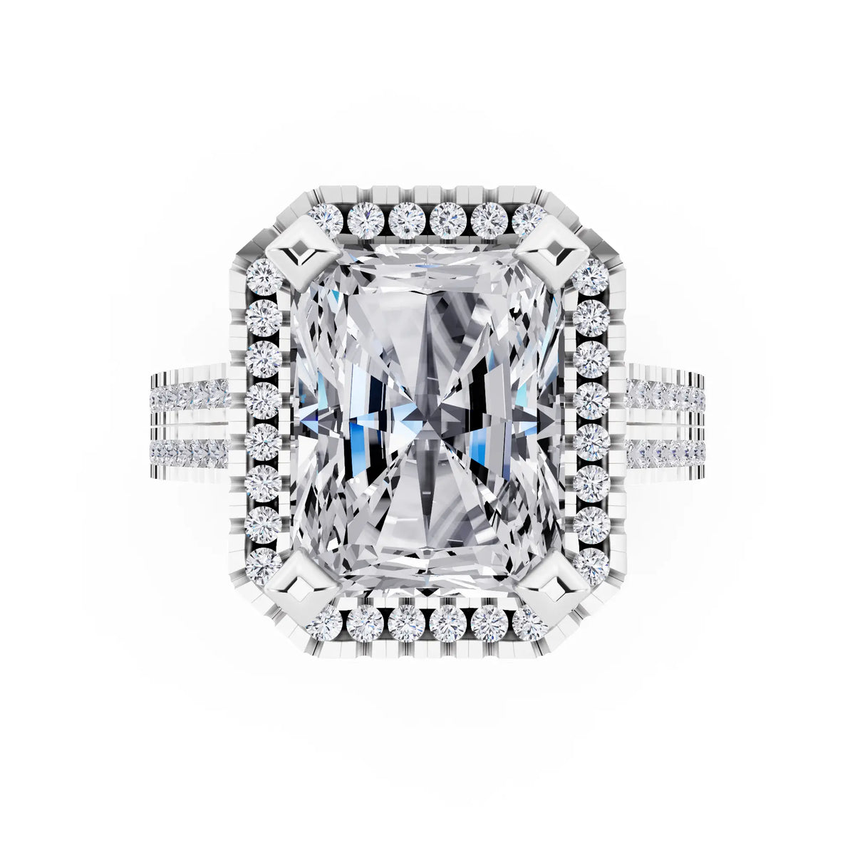 Platinum Radiant Cut Diamond Halo Ring with Twin Pave Band - top angle