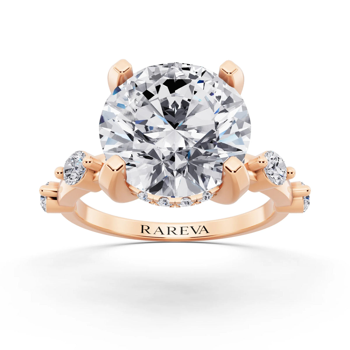 18 KT Rose Gold Round Cut Diamond Solitaire Ring with Floating Diamond Accents - front view