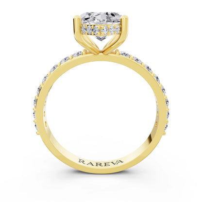 18 KT Yellow Gold Marquise Cut Diamond Solitaire Ring with Hidden Halo and Pave Band - through finger