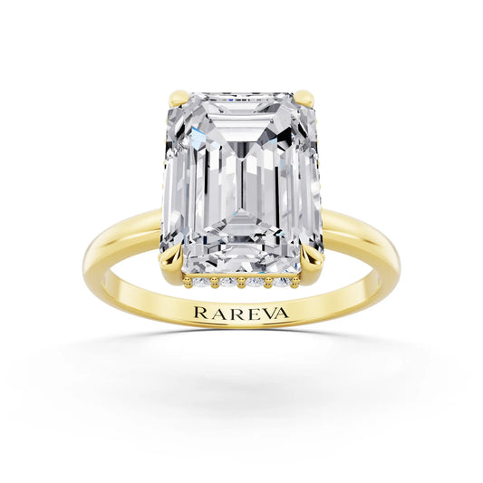 18 KT Yellow Gold Emerald Cut Diamond Hidden Halo Solitaire Ring - front view