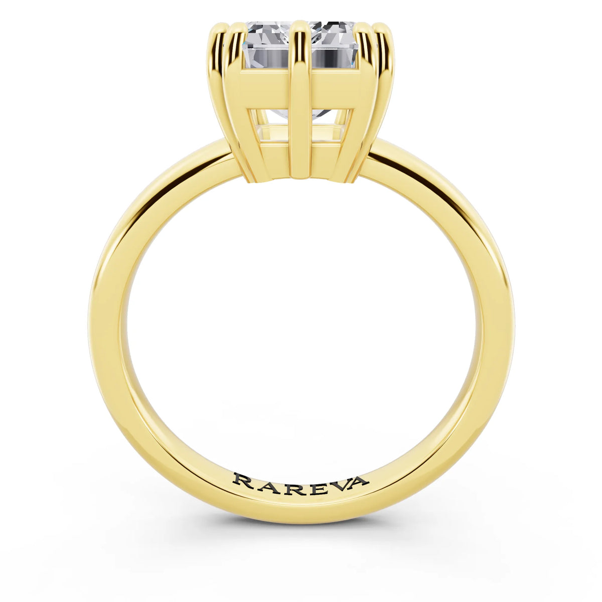 18 KT Yellow Gold Emerald Cut Diamond Solitaire Ring with Hidden Accent Basket - through finger