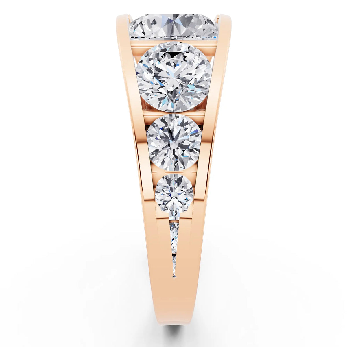 18 KT Rose Gold Round Cut Diamond Ring with Graduated Side Stones - Side view