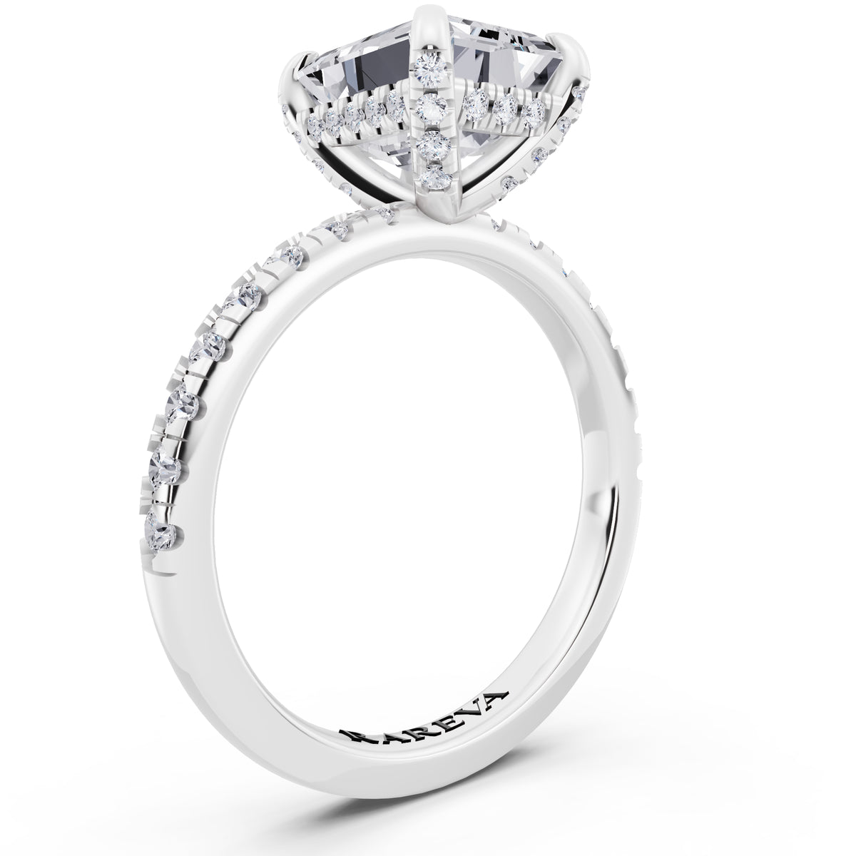 14 KT White Gold Emerald Cut Diamond Hidden Halo Ring with Pave Shank - top view