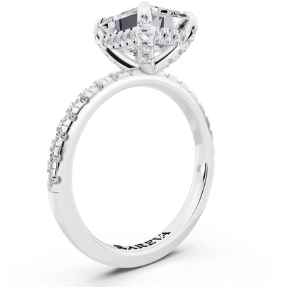 14 KT White Gold Emerald Cut Diamond Hidden Halo Ring with Pave Shank - top view