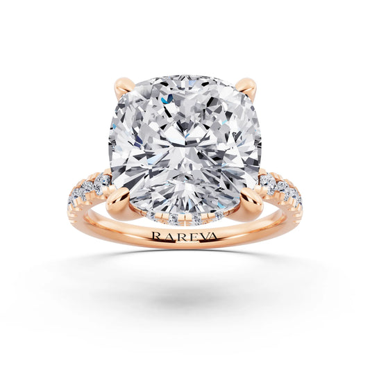18 KT Rose Gold Cushion Cut Diamond Hidden Halo Tiger Prong Pave Band Ring - front view
