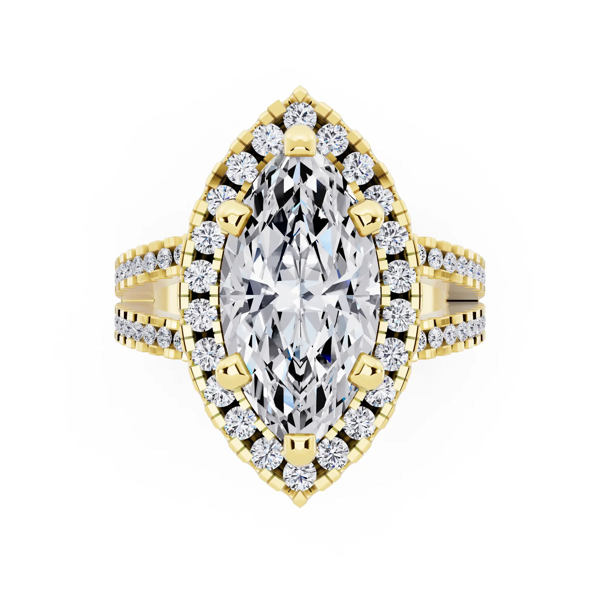 18 KT Yellow Gold Marquise Cut Diamond Halo Ring with Pave Split Shank - top angle