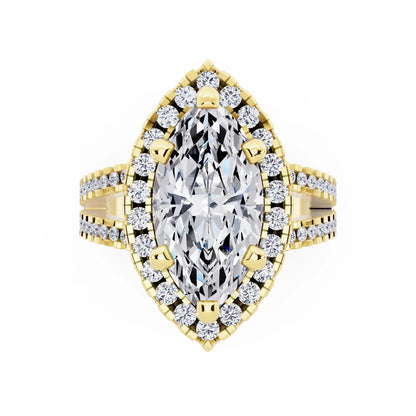 18 KT Yellow Gold Marquise Cut Diamond Halo Ring with Pave Split Shank - top angle