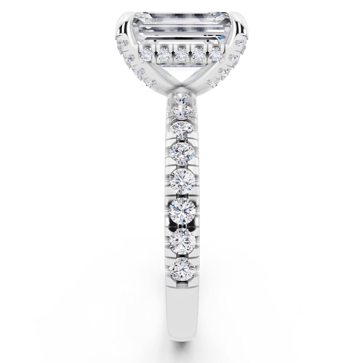 14 KT White Gold Emerald Cut Diamond Hidden Halo Ring with Pave Shank - side view